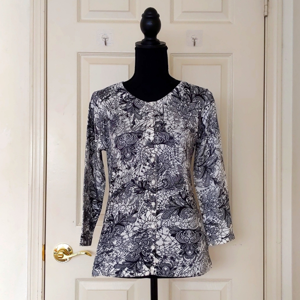 NWT. The Limited Cotton Rayon Black and White Floral 3/4 Sleeve Cardigan Sweater